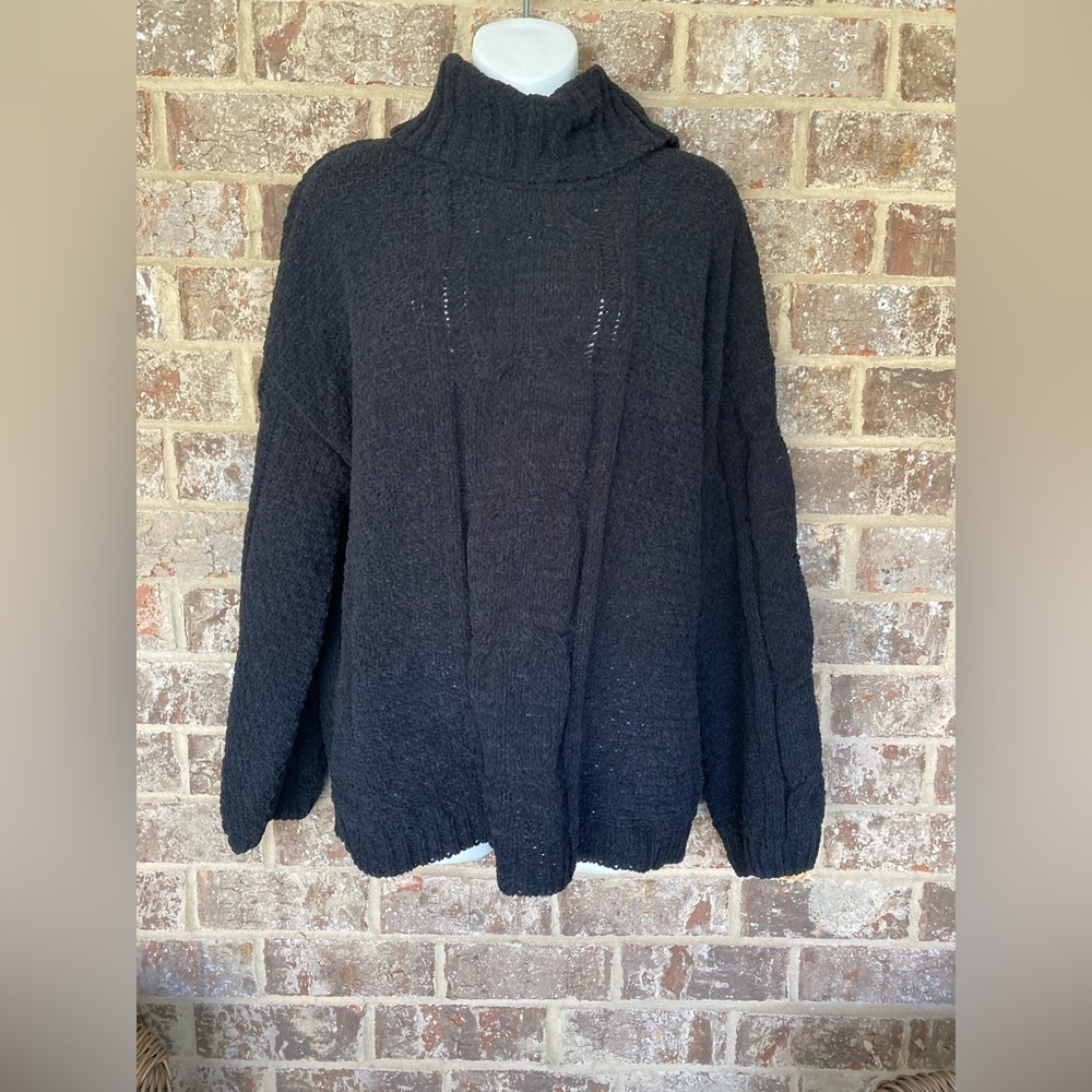 Cowl Neck Chenille Velvet Knit Velvety Black Cable Turtleneck Sweater size L NWT